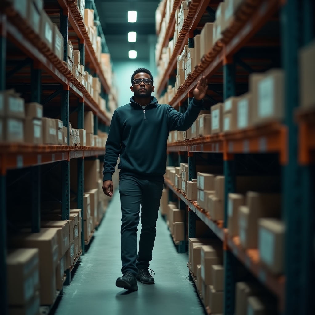 Warehouse supervisor walking an aisle checking labeled storage locations