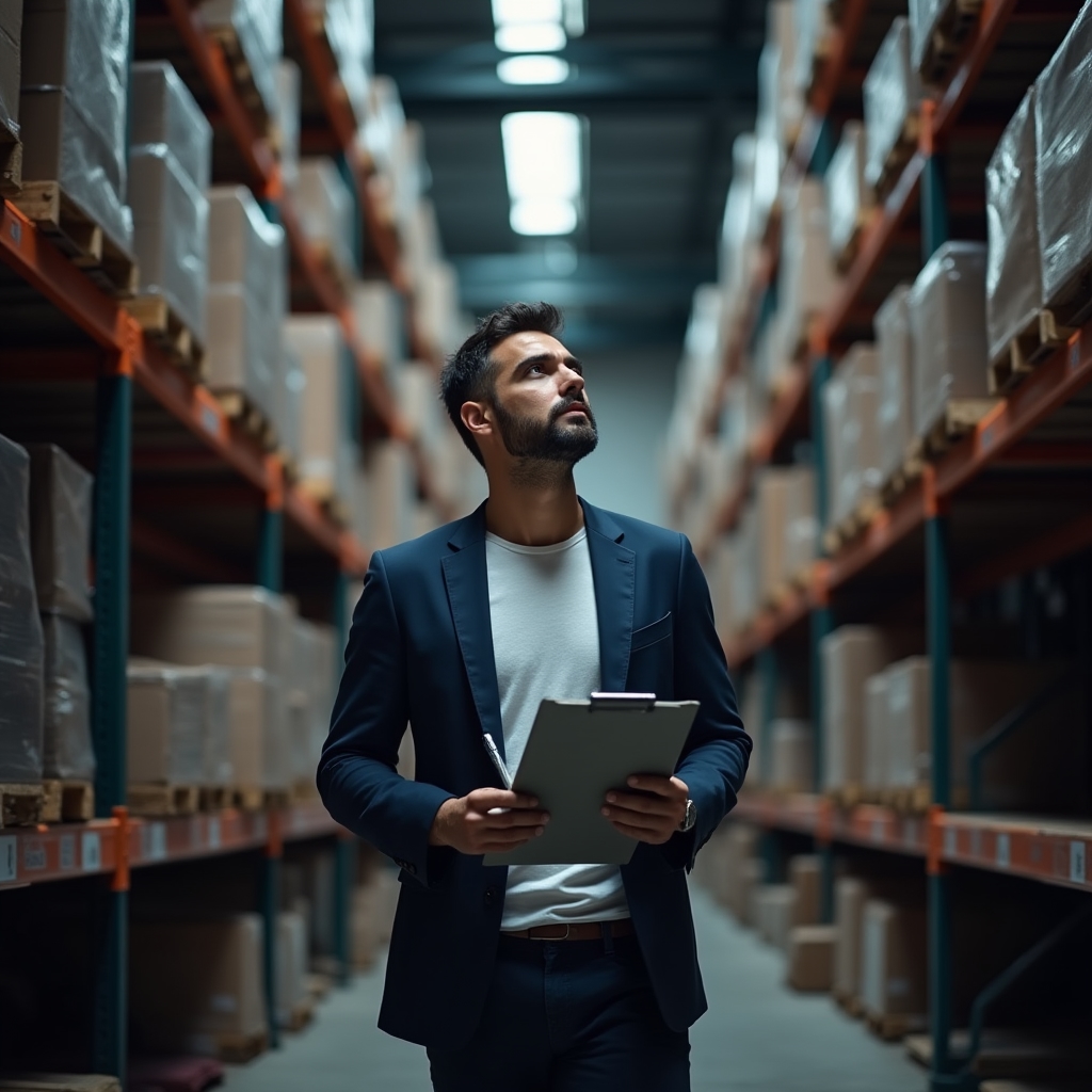 Consultant walking through a warehouse aisle taking notes on a clipboard