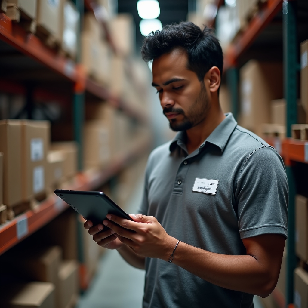 Warehouse worker scanning inventory with a handheld tablet near shelving