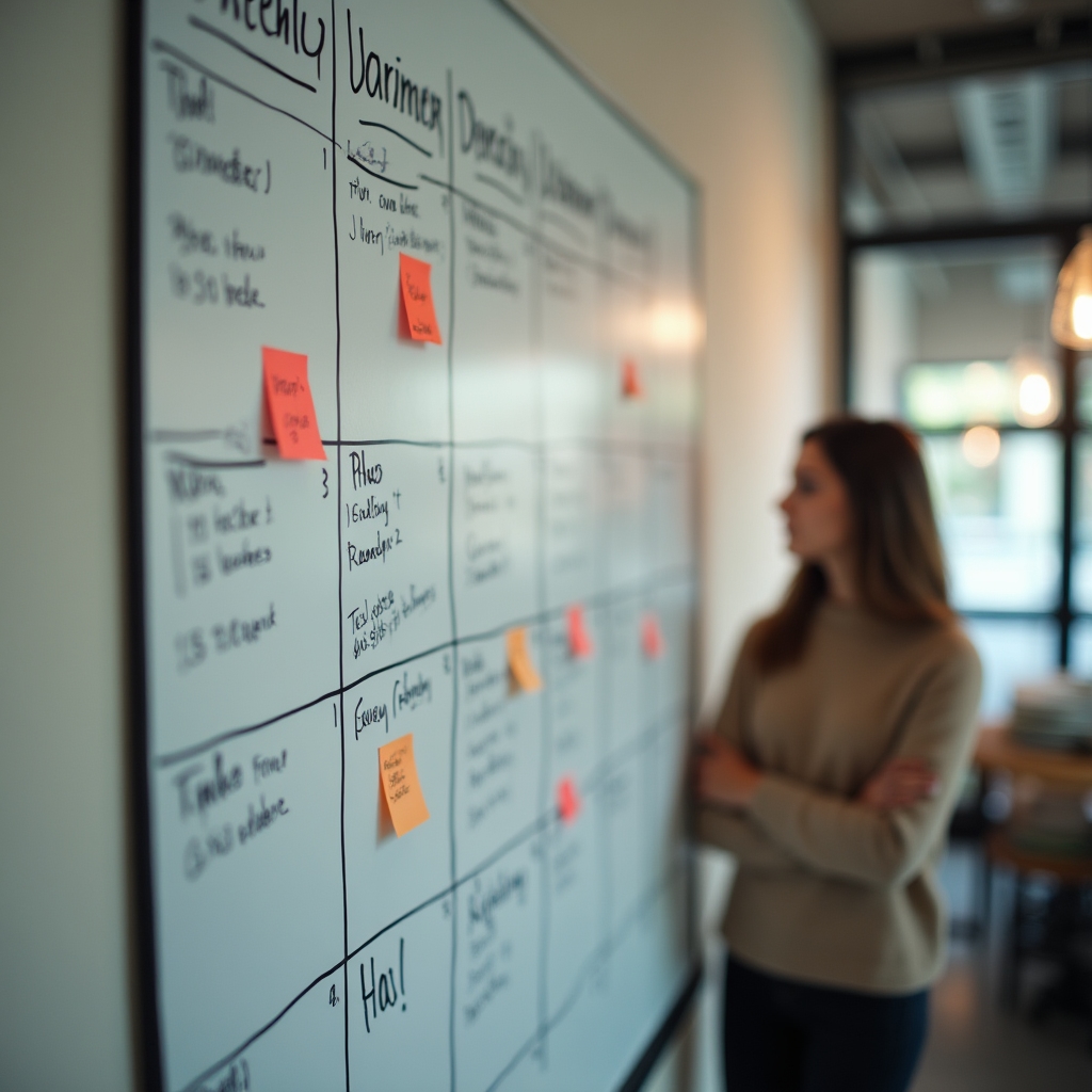 Whiteboard covered with a hand-drawn staff shift schedule and sticky notes