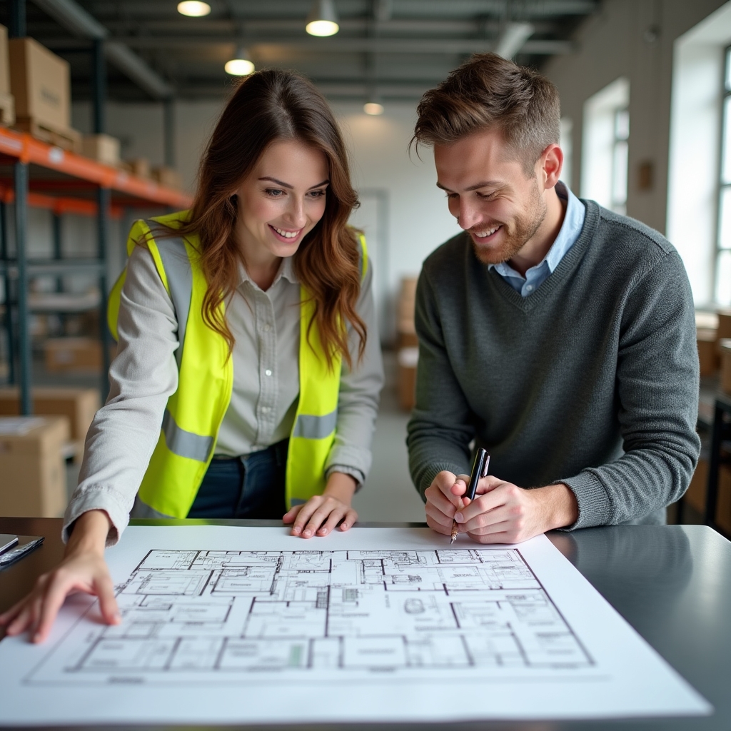 Consultant and warehouse manager reviewing a printed floor plan together