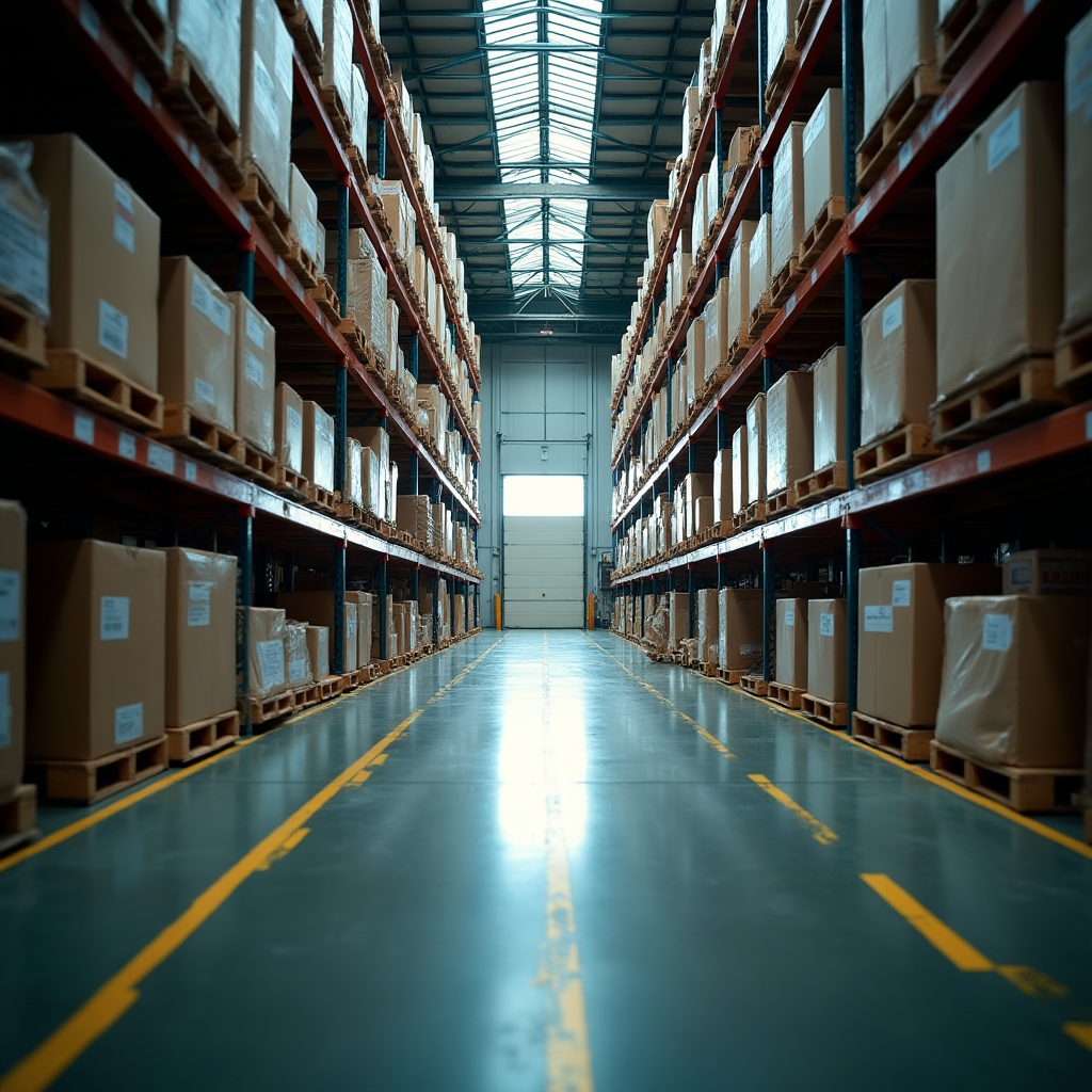 Wide view of a warehouse aisle with organized racking and marked floor pathways